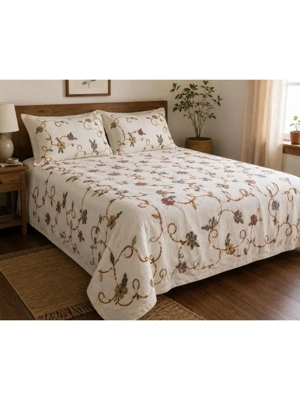 VINTAGE SPIEGAL Crewel Embroidery Bedspread 3 Piece Set 72x80 Made in India